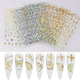 Mocossmy Butterfly Nail Art Stickers, 8 Sheets Gold Silver 3D Simulation Butterfly Foil Nail Decals