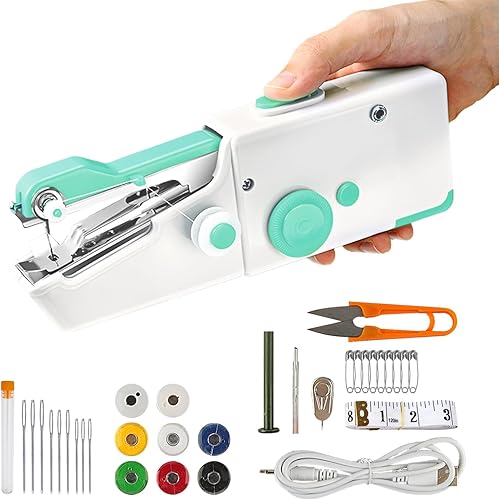 Maelifu Máquina de coser de mano, mini máquina de coser portátil recargable para costura rápida, 33 piezas, máquina de coser inalámbrica para