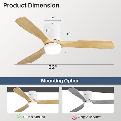 Miniatura 2 de Sofucor - Ventilador de techo empotrado y de varilla corta, con luces y control remoto, de 52 pulgadas, con 3 aspas reversibles de madera y motor CC
