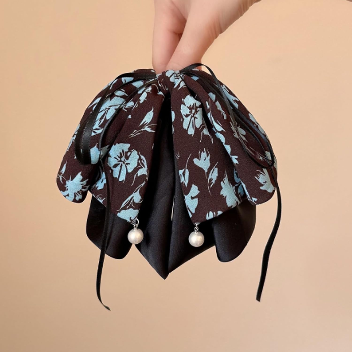 2pcs Large Vintage Bowknot Hair Claw Clips Premium Satin Floral Printing Bows Hair Clips with Ribbon Beads Elegant Hair Accessories for Girls Women Ponytail French Hairstyle(Black, Blue)