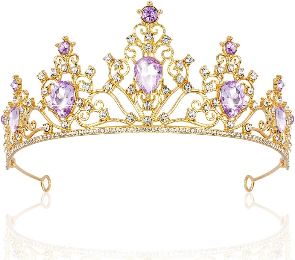 Purple Gem Gold Tiara and Crown for Women, Crystal Mermaid Rhinestone Princess Tiaras for Rapunzel Crown for Wedding Birthday Prom Halloween Party