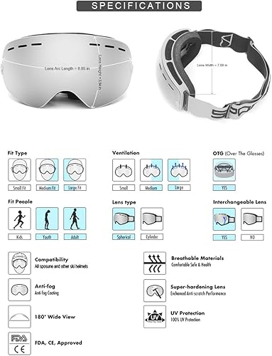 Miniatura 3 de SPOSUNE Gafas de esquí sobre lentes, gafas de nieve para hombres, mujeres, jóvenes, snowboard, esquí, gafas de nieve antivaho UV400