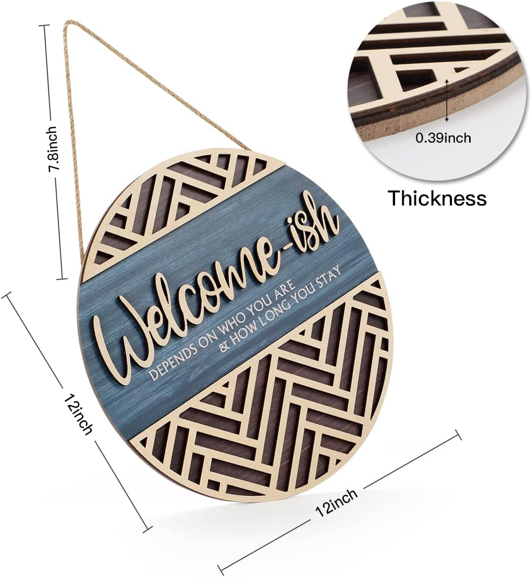 IARTTOP 3D Welcome Hanging Sign Plaque for Front Door Wall Decor, Funny Welcome-ish Wooden Hanger (12''x 12''), Rustic Minimalist Outdoor Wood Wall Art for Farmhouse Porch or Entryway Home Decor