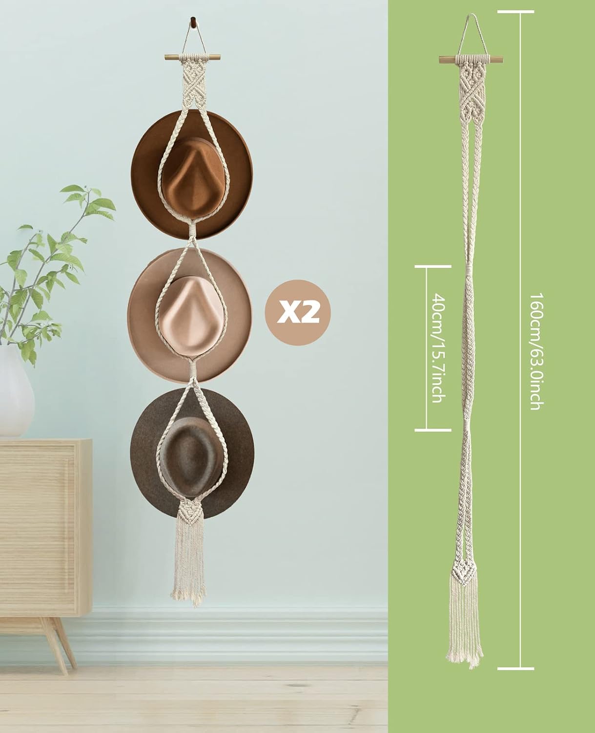 Besoamo 2Pcs Bohemian Hat Hangers Hat Organizer for Wall, Macrame Woman Hat Rack Hat Holder for Wall Hanging, Hand Weaving Boho Hat Holder Decorative Cap Organizer for Wide Brim (Three Hats Style)