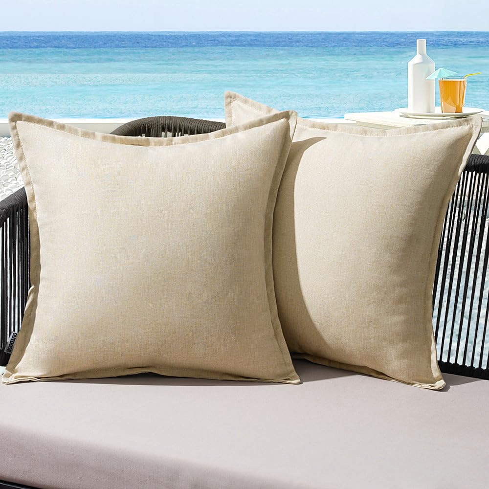 MIULEE Outdoor Cushions Waterproof Faux Linen Decorative Outside Cushion Covers Water Resistant for Garden Sofa Livingroom Chair Bedroom Tent Park Patio 45x45cm Set of 2 Beige
