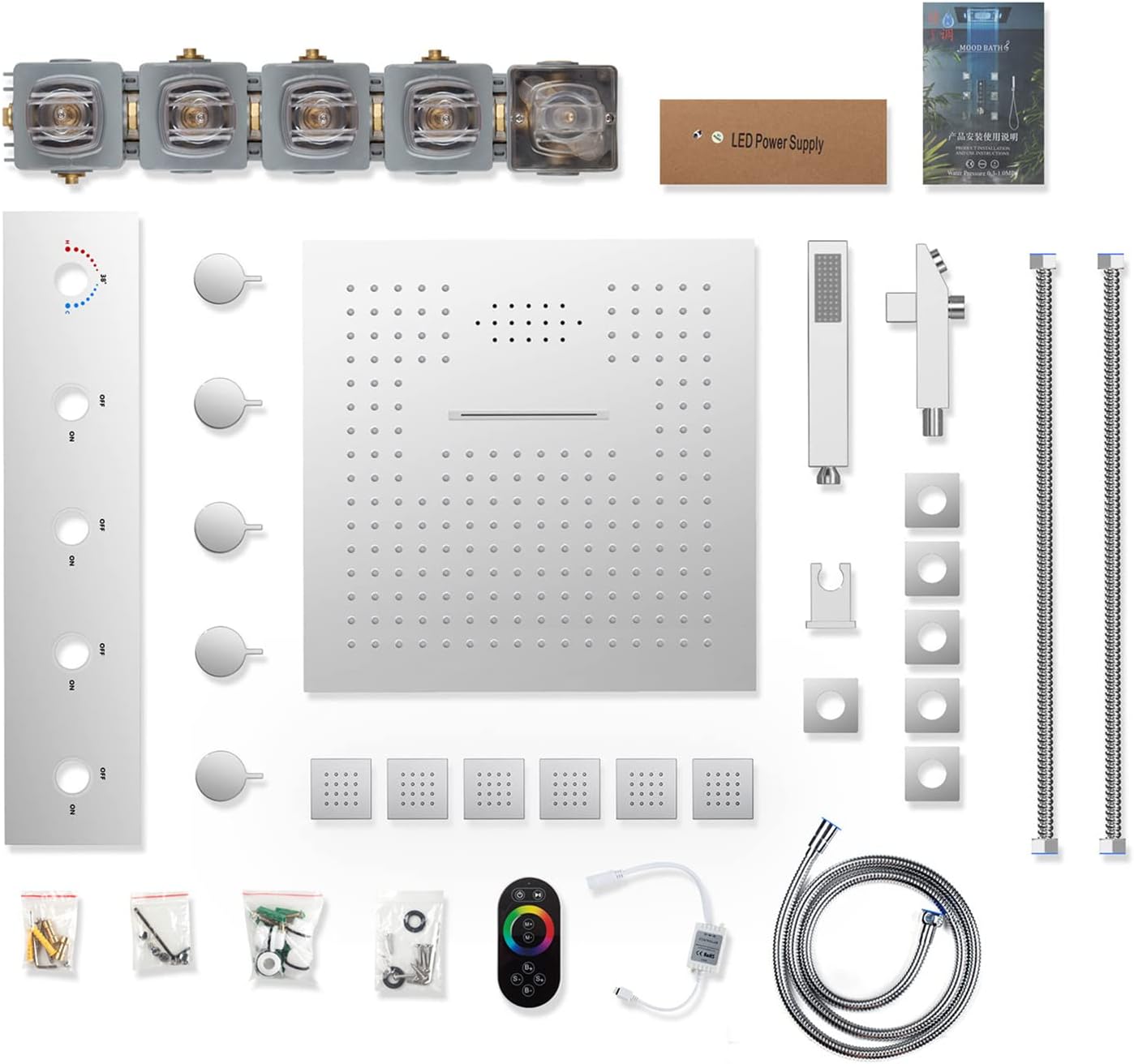 All components of the NWIASS 16-Inch Thermostatic Rain Shower System