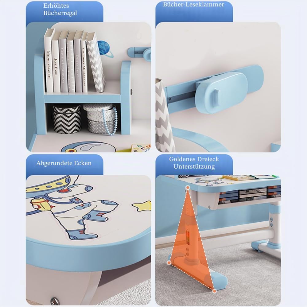 Kinder-Schreibtisch- und Stuhl-Set, höhenverstellbar, Cartoon-Muster, Lerntisch mit Schublade und Buchständer, ergonomischer Schüler-Schreibtisch