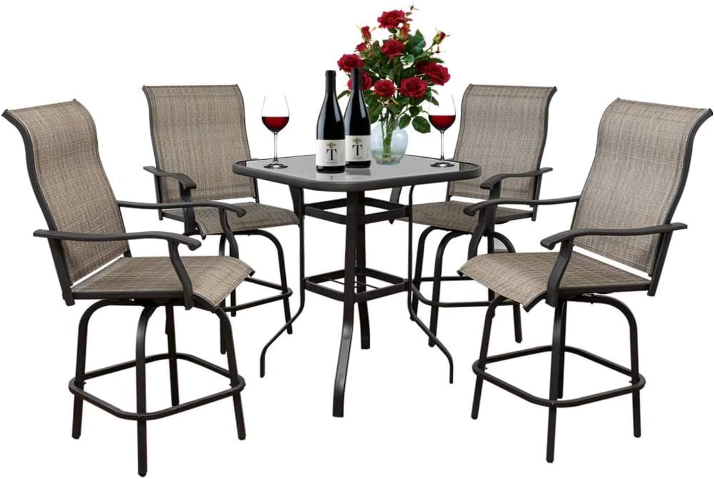 3 Piece Outdoor Bar Stools Set - 2 Bar Height Swivel Patio Chairs & 1 High Bistro Table w/Umbrella Hole - All Weather Textilene High Top Patio Table and Chairs Set (Brown, Set of 3)