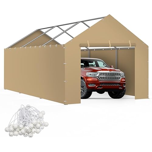 Carport Replacement Canopy Cover Sidewalls for 10x20x9.35FT Frame, Heavy Duty Garage Car Tent Shelter Tarp with Ball Bungees, Waterproof & UV Protected (Frame is not Included) (Beige)