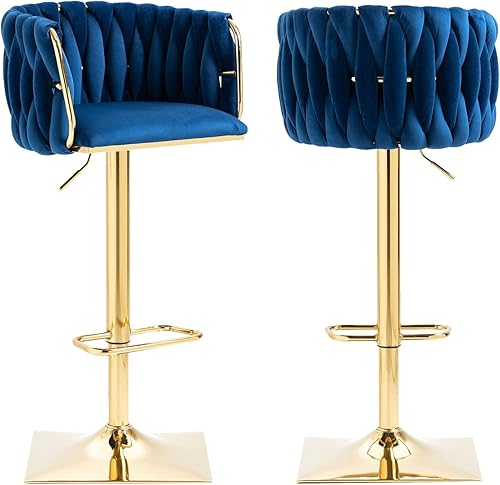 Miniatura 14 de Juego de 2 taburetes de bar giratorios de terciopelo, taburetes de bar ajustables y cómodos, silla de comedor moderna con respaldo tejido, taburetes