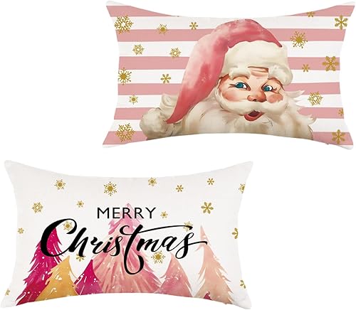 Miniatura 1 de HOMFREEST Juego de 2 fundas de almohada de Navidad de 12 x 20 pulgadas, diseño de rayas rosas de Papá Noel, fundas de cojín decorativas de Navidad