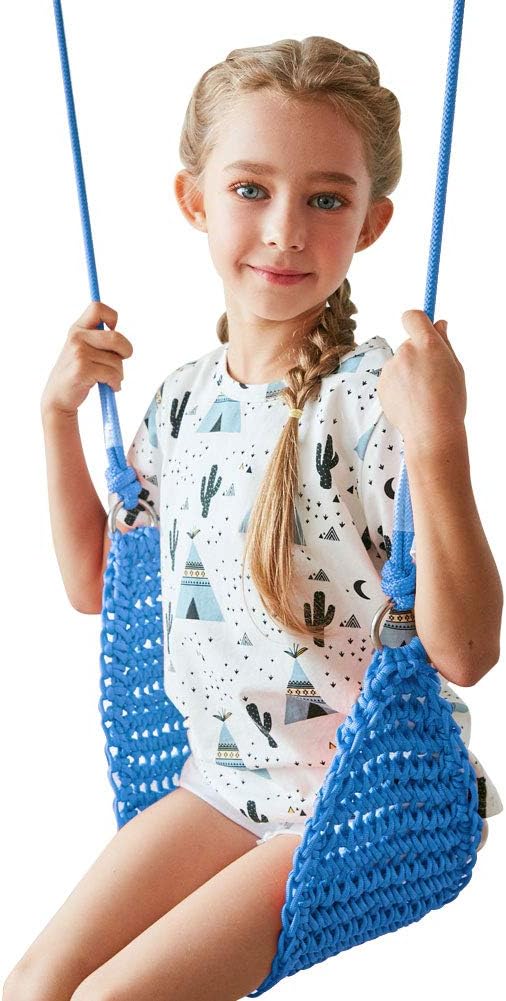 ROPECUBE Kids Swing, Indoor Outdoor Childs Swing Seat Non Slip Hanging Tree Swing Seat Length Adjustable Rope and Snap Hook Swing Set for Playground Doorway Backyard Home (Blue)