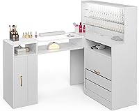 Vista 3 de Mesa de manicura en forma de L con estantes, estación de mesa de uñas con parte superior de cristal, resistente a acetona, con cajones