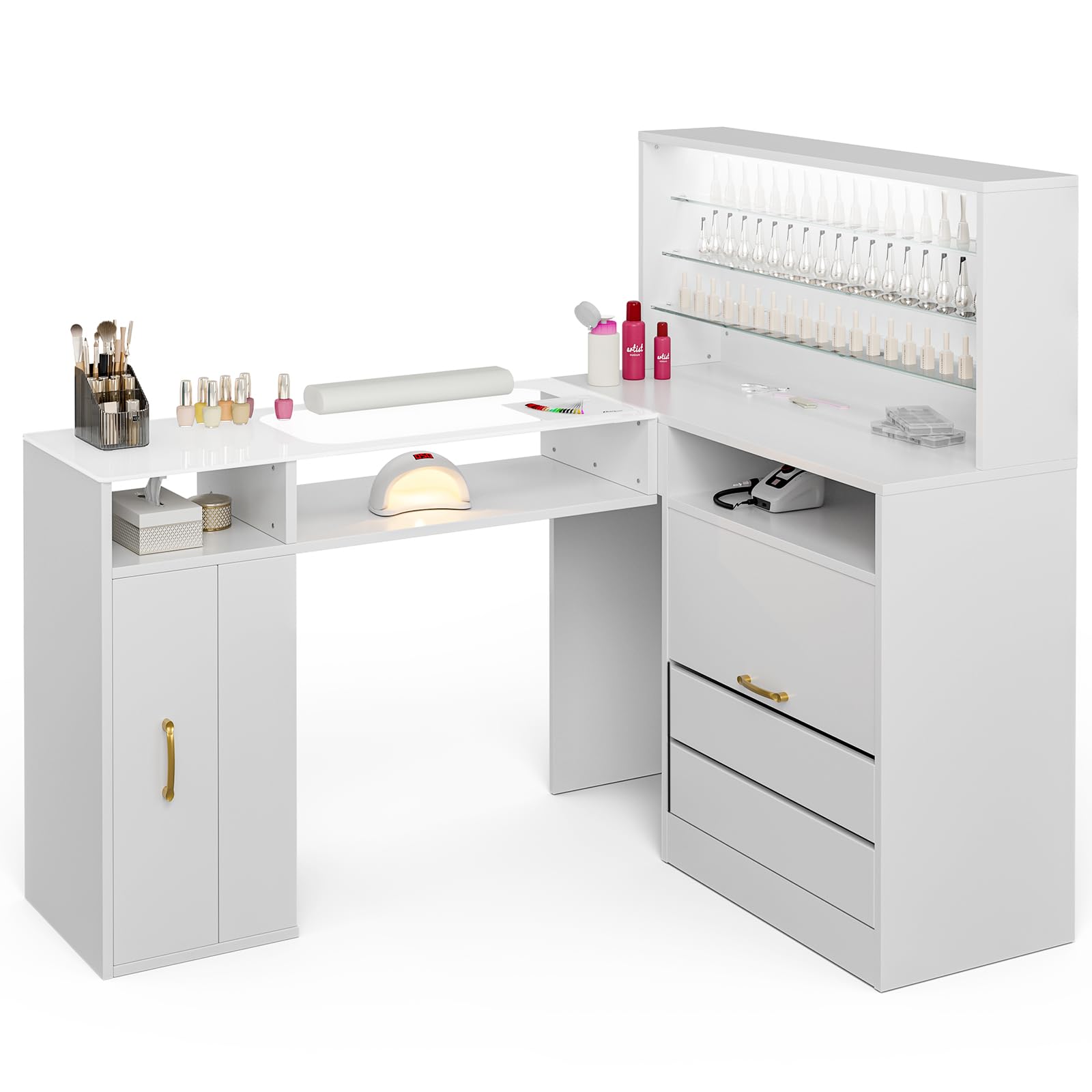 Paddie Manicure Table with LED Light, L-Shaped Glass Top Nail Tech Table w/2 Storage Shelves, Upwards Cabinet Door, Corner Nail Station w/3 Drawers &