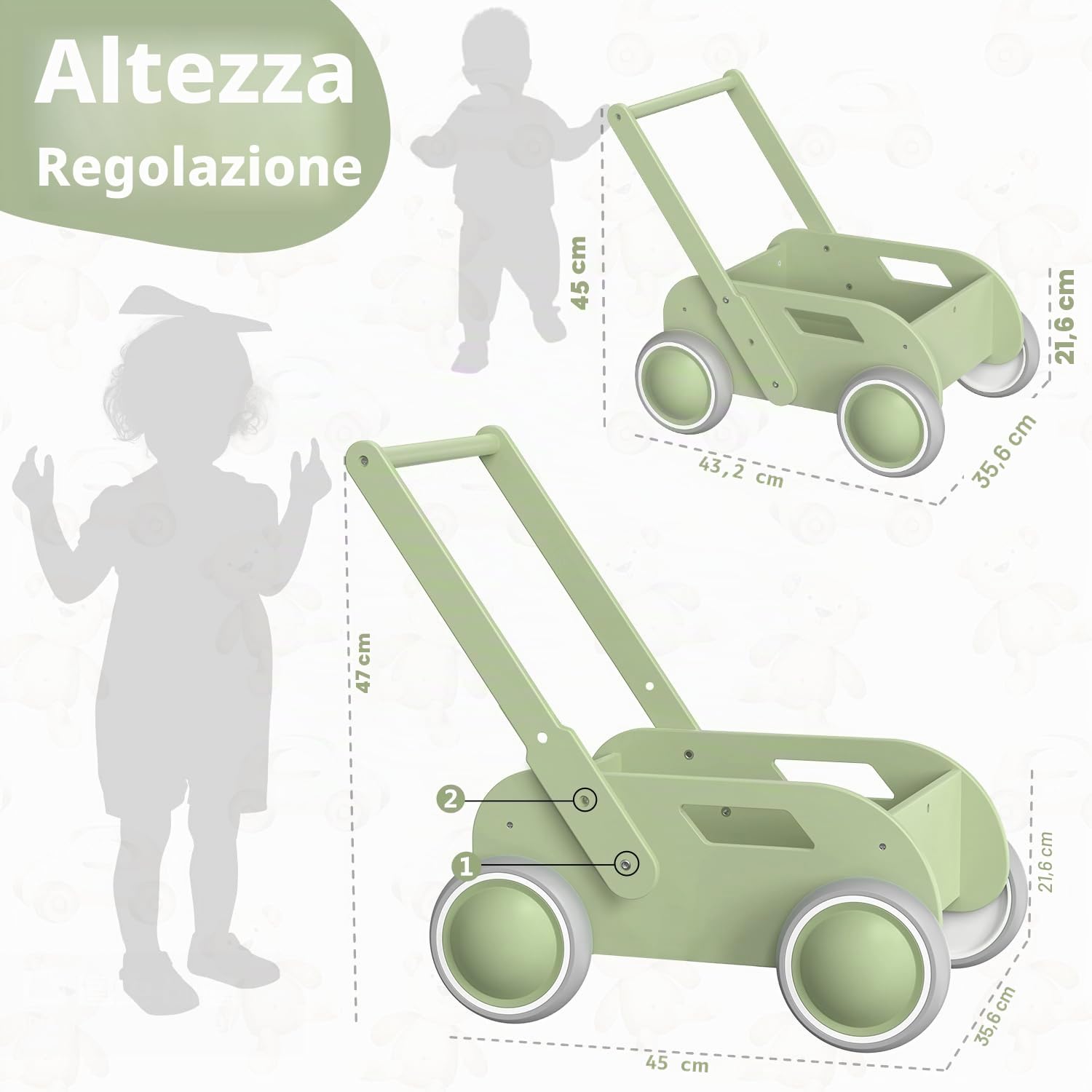Girello per Bambini di Legno, Carrello Primi Passi Legno per Bambini e Bambine, Giocattoli Bambino 1 Anno con Spazio di Archiviazione, Primi Passi Regalo per Compleanno Natale, Verde