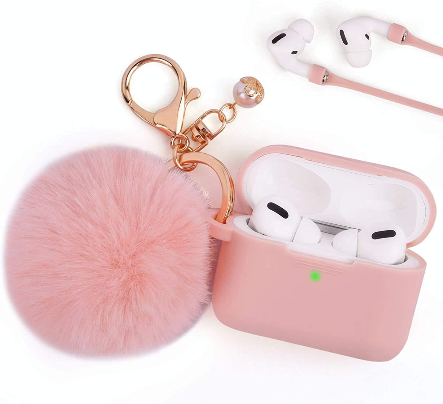 WazirianUAE Airpods Pro Case, Airpod Pro Protective Cover Case for Apple AirPods Pro Charging Case 2019, Cute AirPods Accessories Silicone Case Carton Keychain/Pompom/Skin/Anti-lost Strap, Pink
