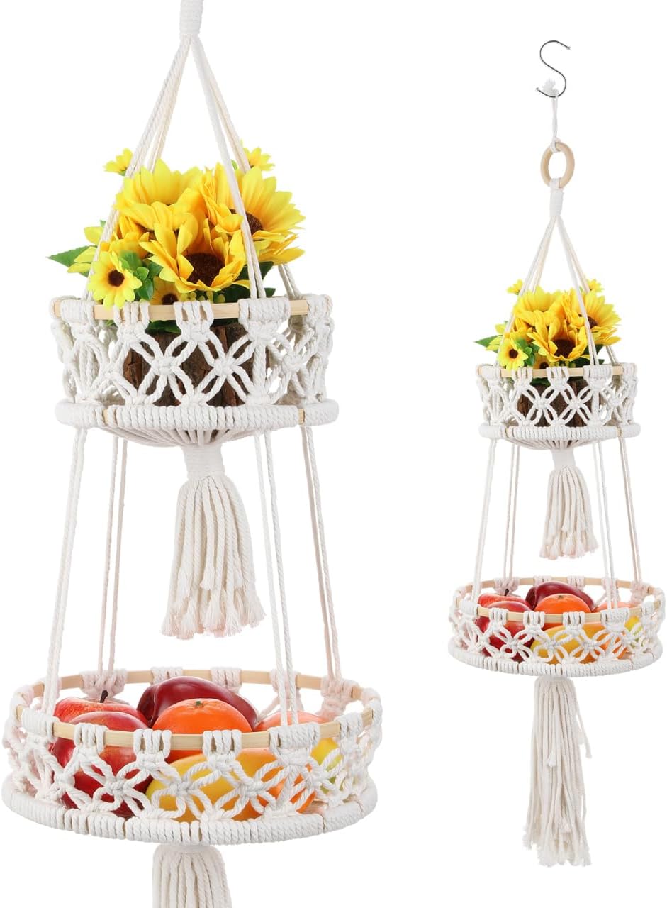 Zerodeko Plant Stand Hanging Fruit Basket 2 Tier Over The Door Organizer Woven Cotton Rope Wall Hanging Basket Magazine Racks Macrame Fruit Hammock for Organizing Storage Bohemia Decor Boho Decor