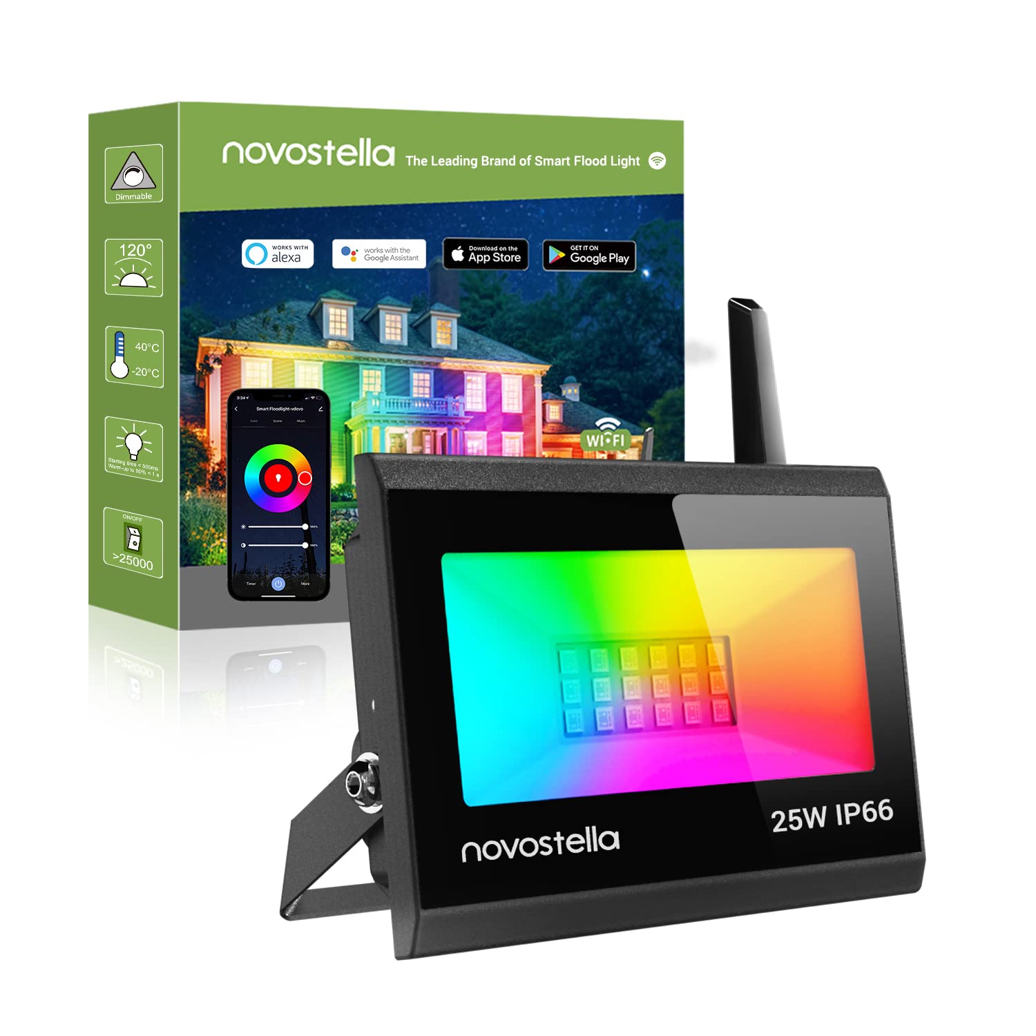 NOVOSTELLA 25W Smart LED Flood Lights, RGB, Second-Generation WiFi Outdoor Dimmable Color Changing Stage Light, IP66 Waterproof, Multicolor Wall Washer Light, Work with Alexa, 1 Pack