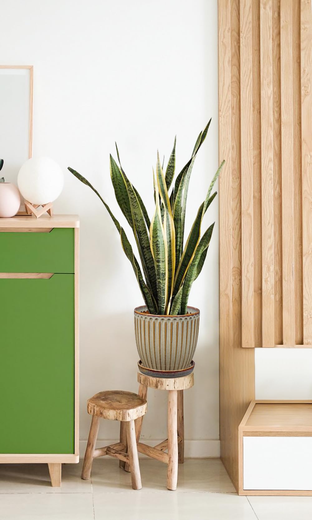 Oairse - Vaso in ceramica a coste, vasi da fiori con sottovaso con fori di drenaggio per piante da interno, decorazione retrò per set di contenitori da giardino all'aperto, diametro apertura 20 cm