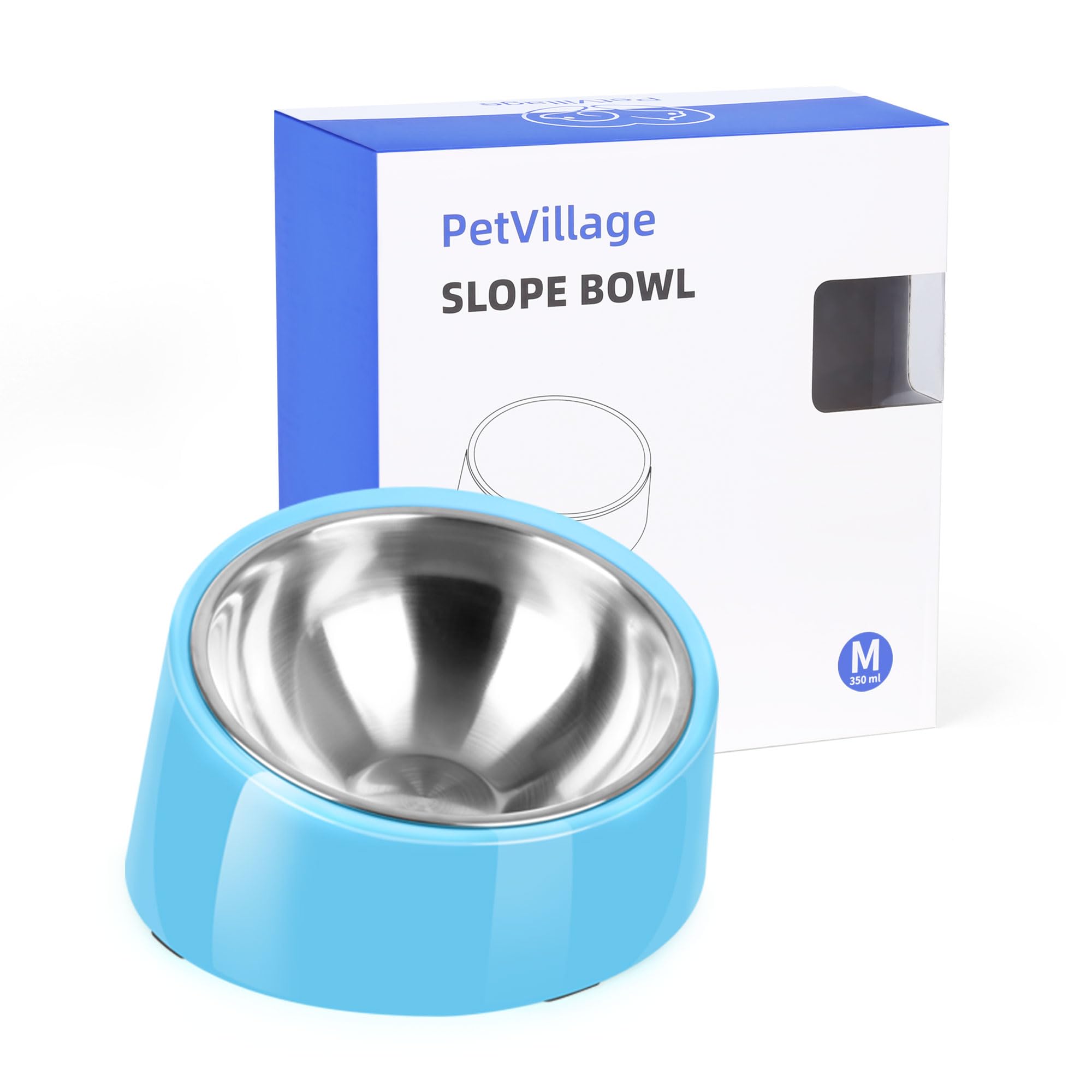 Petvillage Tilted Dog Bowl Non-Slip & Non-Spill Pet Feeder with Elevated Detachable Melamine Stand, Easy to Get Food Dog Dish, M/180ml Sky Blue