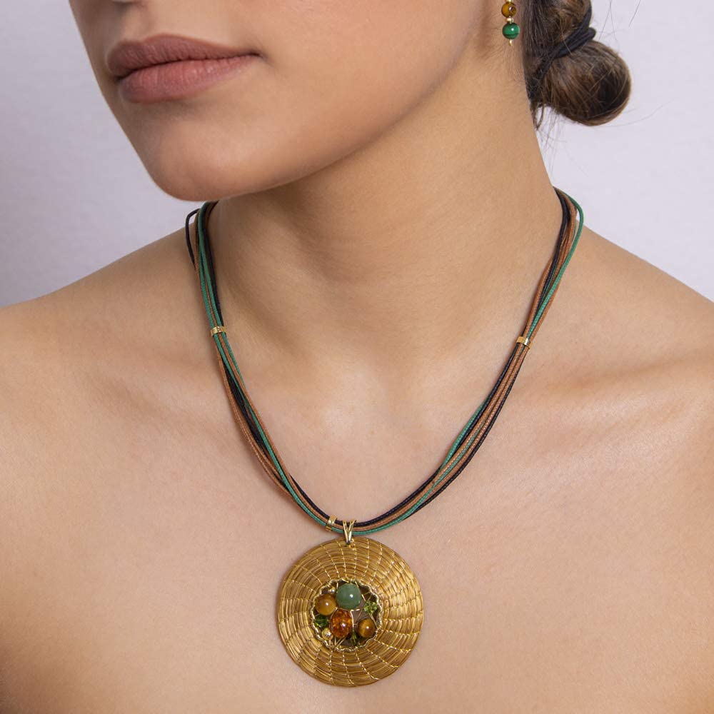 Conjunto Mandala Oro Vegetal 45 mm con Malaquita, Ojo de Tigre y Cristales