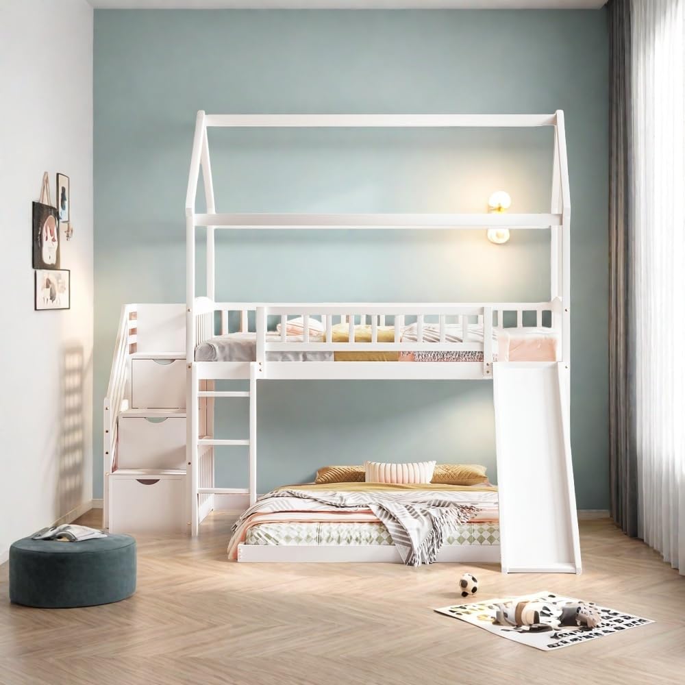 SOFTSEA Twin Over Full House Bunk Bed with Slide and Storage Stairs, Modern Wood Bunk Bed with Roof for Kids, Playhouse Design Bunk Beds, White