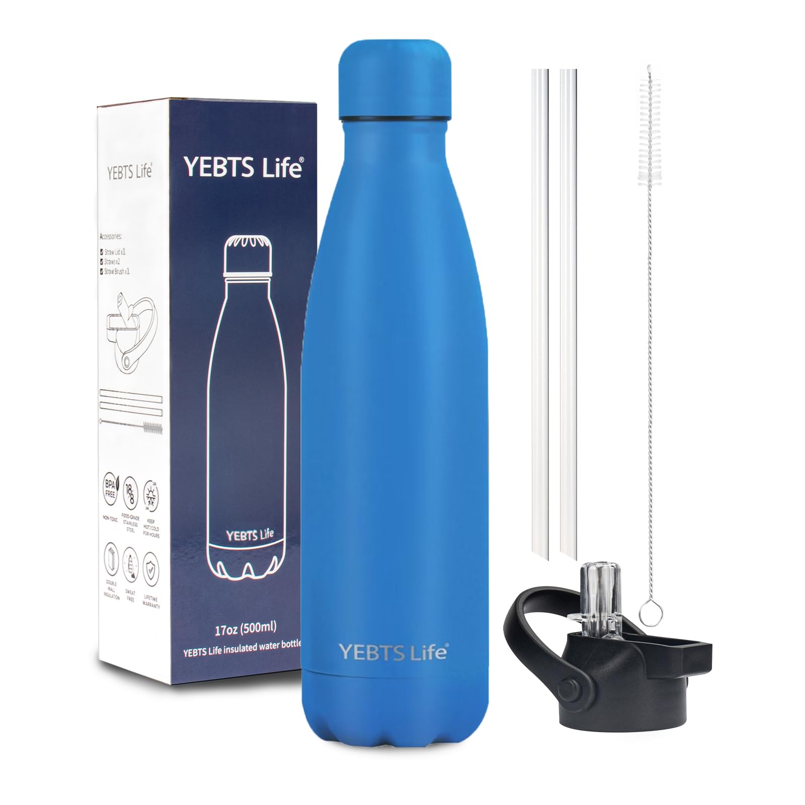 Insulated Water Bottle, 17oz Stainless Steel Water Bottles with straw lid, Metal Sports Water Bottles for Boys,Girls, Double Wall Vacuum BPA-Free