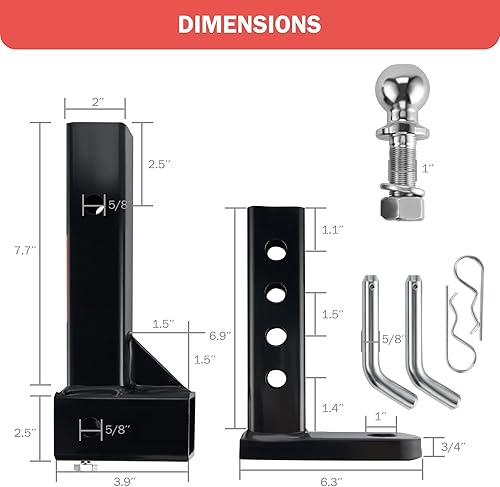 Miniatura 8 de OPENROAD Soporte de bola de enganche de remolque ajustable para receptor de 2 pulgadas bola de 2 pulgadas 6000 libras caída de 6 14 pulgadas