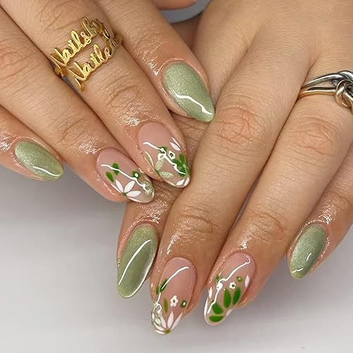 24Pcs Almond Press on Nails Short Milk Green Fake Nails