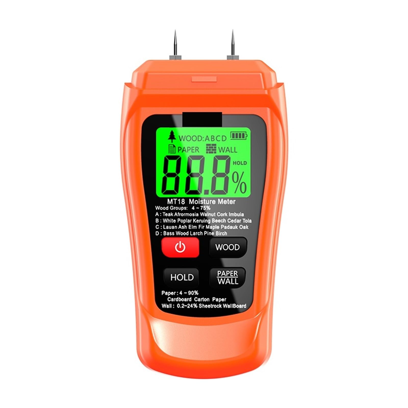 Mnmioio Nero Digital Moisture Tester, Mt-18 Orange 0-99.9% Two Pins Digital Wood Moisture Meter Paper Humidity Tester Wall Hygrometer Timber Damp Detector(Nero)