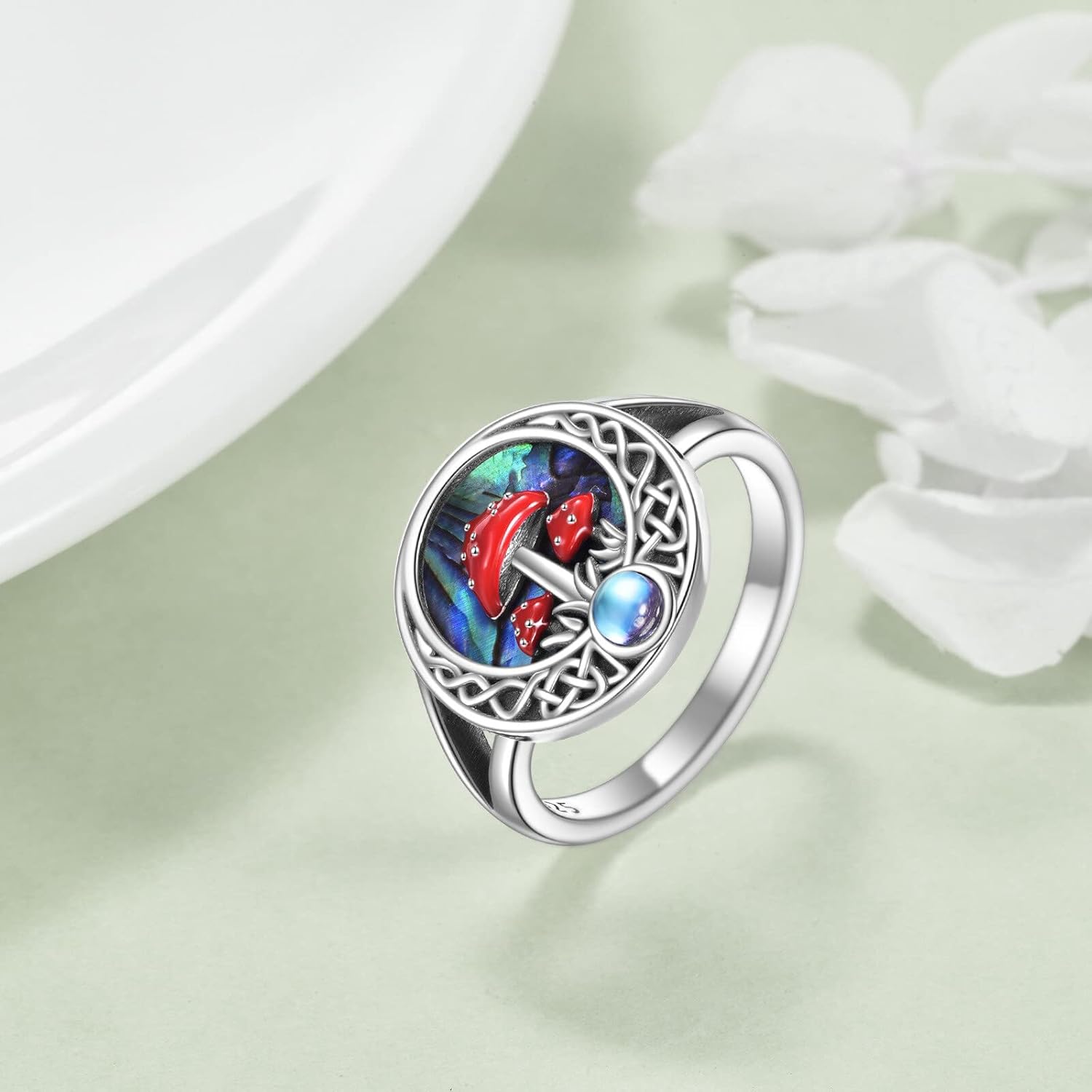 URONE Mushroom Ring 925 Sterling Silver Red Mushroom Ring Moonstone Magic Mushroom Jewelry Gifts For Women