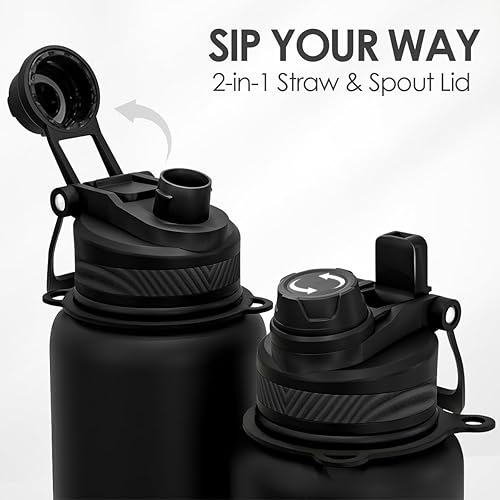 Miniatura 4 de SANDJEST Botella de agua de acero inoxidable con correa de 32 onzas, botellas aisladas con popote y tapa de boquilla para gimnasio, deportes, viajes