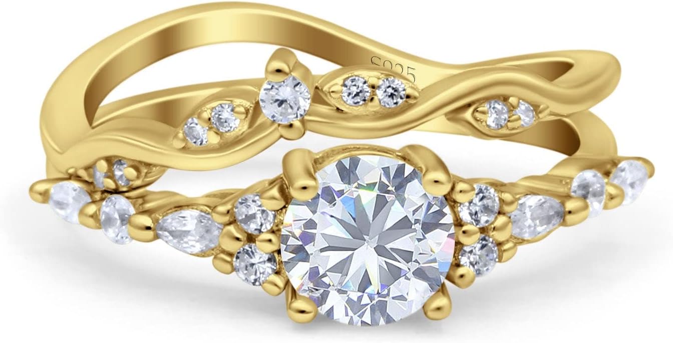 OMRANII Yellow Tone, Simulated Cubic Zirconia Size-5 Two Piece Vintage Style Art Deco Wedding Engagement Bridal Set Ring Band Pear Round CZ 925 Sterling Silver