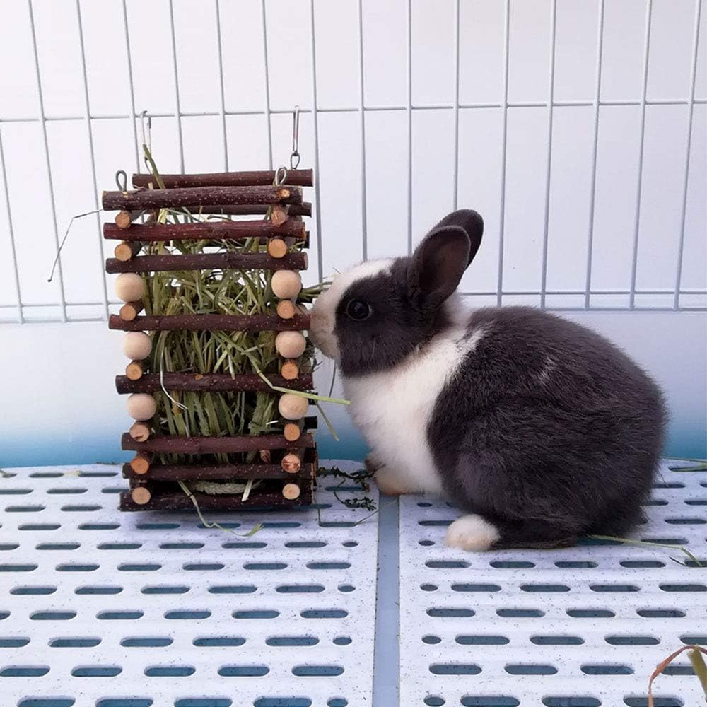 Chewable Apple Tree Rabbit Hay Feeder, Stand Bunny Hay Rack, Hanging Guinea Pig Hay Holder Wooden Food Feeding Rack