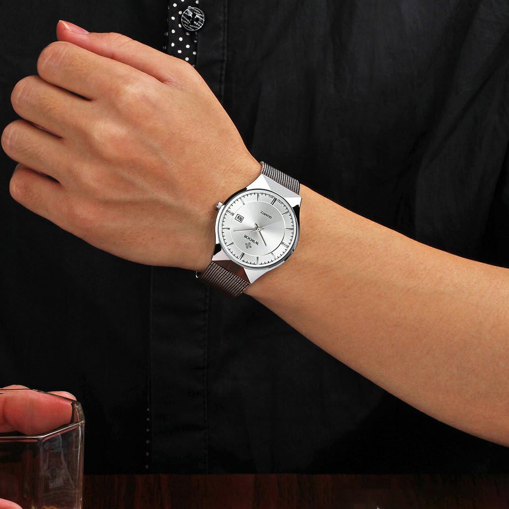 Orologio da polso da uomo, ultra sottile, in acciaio inox, con cinturino in maglia di acciaio inossidabile, orologio da polso al quarzo, alla moda, casual
