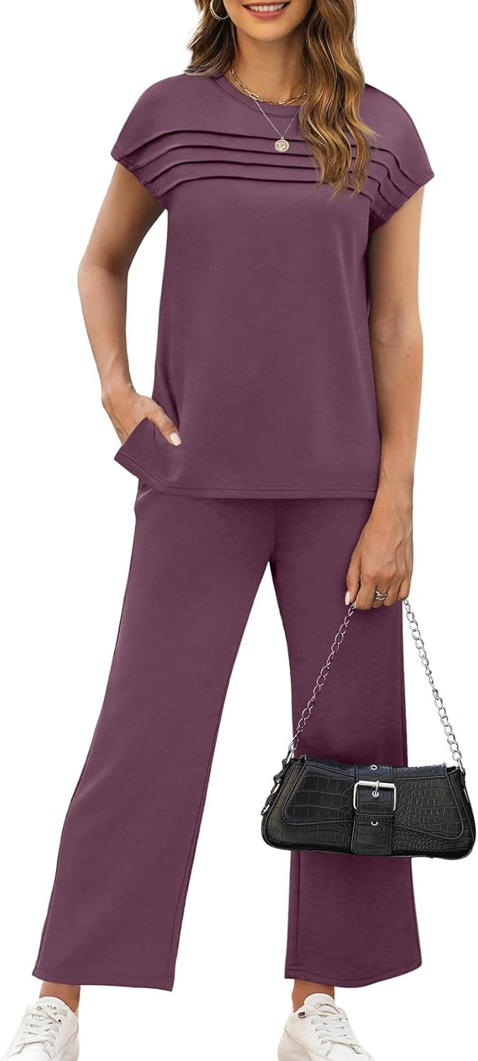 WIHOLL Two Piece Sets for Women Summer Spring Travel Vacation Outfits Cap Sleeve Lounge Matching Sets Wide Leg Pants S-3XL