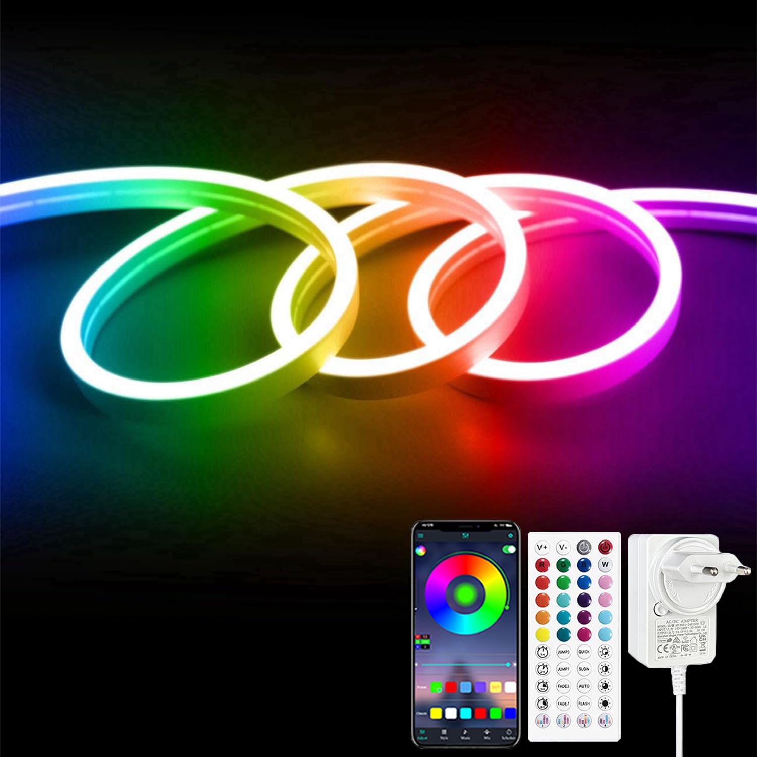 RGB Neon Cinta Led 15m Tira Led RGB, Cinta Led Exterior Impermeable con APP Bluetooth y Control Remoto IR, Neon Led Flexible, para Salón Dormitorio
