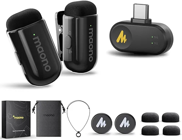 MAONO Wave T1 Mini Wireless Lavalier Microphone for iPhone 15/16 & Android Tablet PC with USB-C Plug, 4-Level Noise Cancellation, AI Voice Filter with Accessories for Video Recording TikTok 