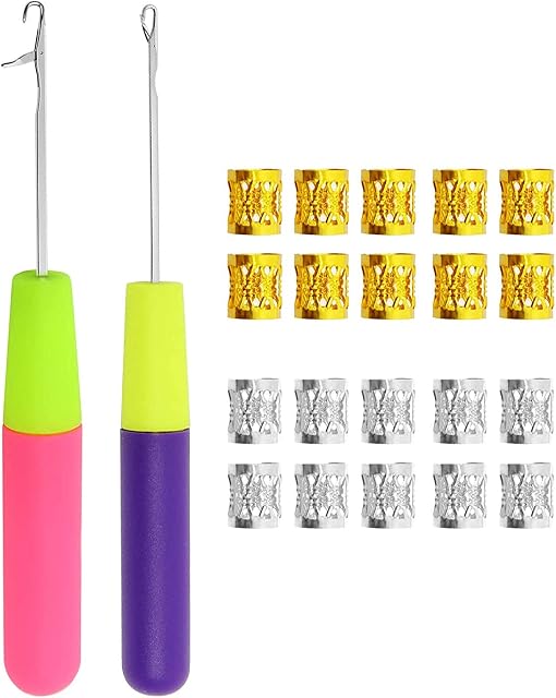 Beayuer 2Pcs Latch Hook Crochet Needle with Dread Lock Dreadlocks Braiding Beads Gold Silver Metal Cuffs Hair Accessories Decoration Filigree Tube Silver Gold 20 Pcs for Making Crochet Braids Hair