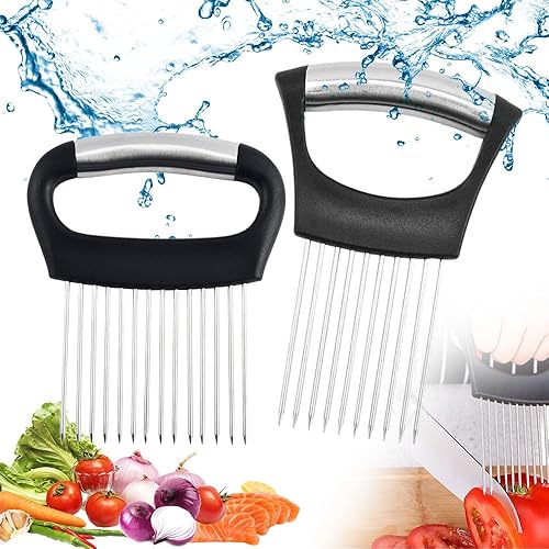 2025 Nuevo soporte para rebanar cebolla de acero inoxidable, soporte de cebolla para rebanar, cortador de verduras de limón, herramienta auxiliar