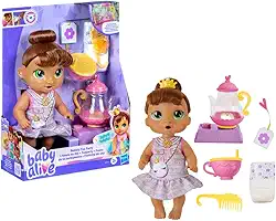 Baby Alive Festinha do Chá Sophia Sparkle boneca morena em plástico, brinquedo infantil interativo com acessórios de chá, presente de Natal para meninas e meninos a partir de 3 anos