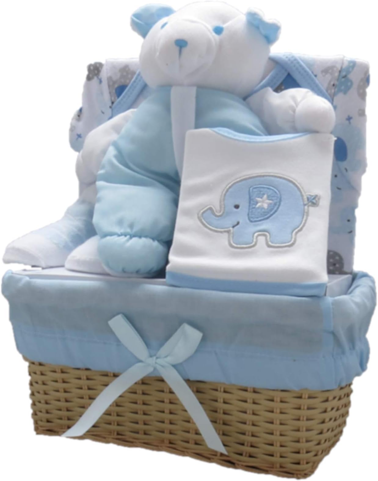 Bee Bo Baby Gift Set with Bodysuit, Bib, Socks and Teddy Bear in a Rattan Basket, 0 - 3 Months