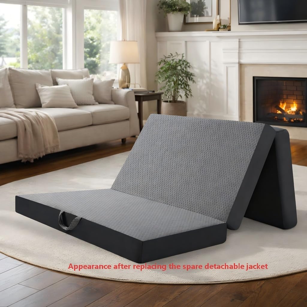 Tri Fold Mattress Twin Size with 2 Washable Removable Covers, 75×38×6 Folding Memory Foam Floor Mat Portable Guest Bed with Non-Slip Bottom for Camping, Travel & Guest Room