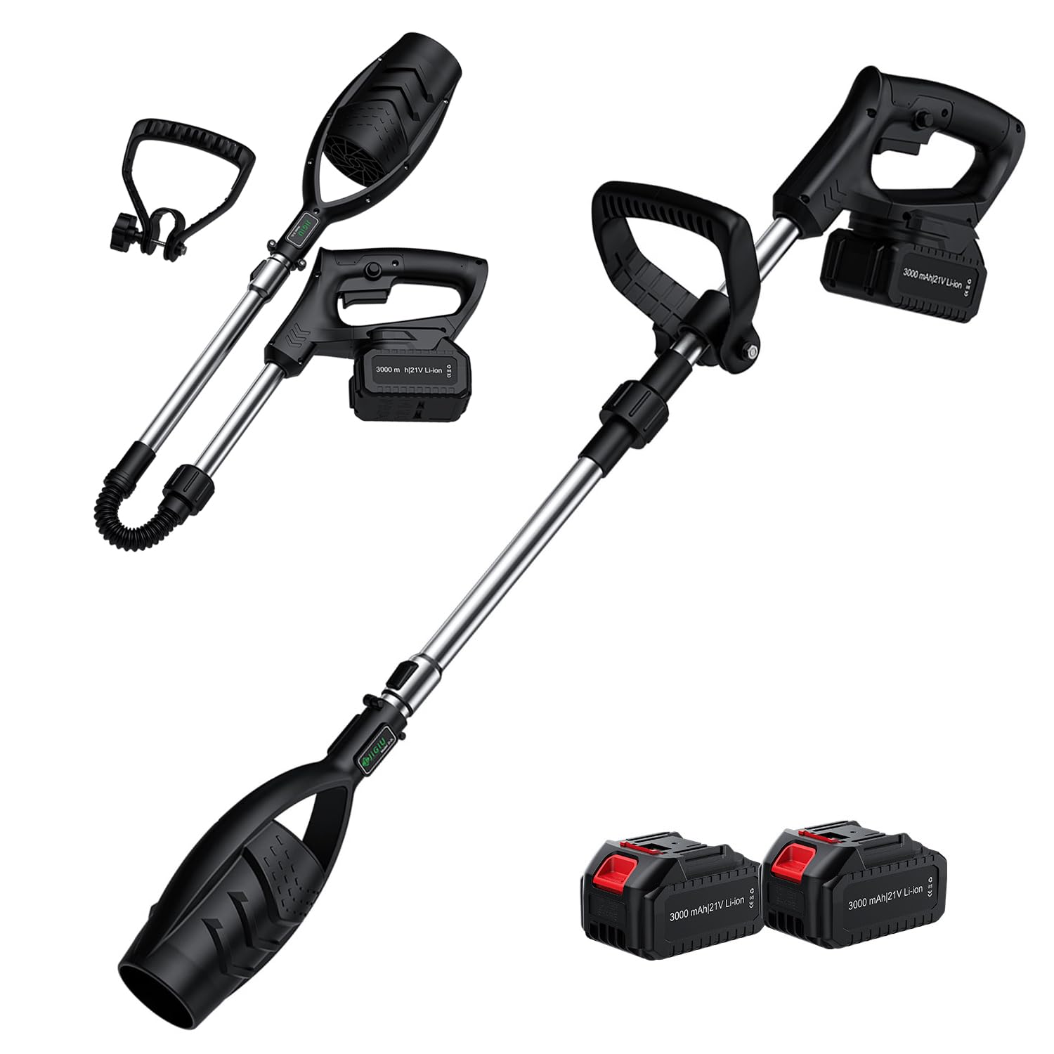 Cordless Leaf Blower 21V with 2 Batteries, Lightweight Electric Garden Blower with 28m/s Airflow & 135cm Telescopic Reach, Detachable Handle for Homeowners, Seniors, Patio Garden Driveway & Car Drying