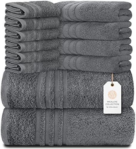 White Classic 12 Piece Bath Towel Set for Bathroom - Wealuxe Collection 2 Bath Towels, 4 Hand Towels, 6 Washcloths 100% Cotton Soft and Plush Highly Absorbent, Soft Towel for Hotel & Spa - Gray