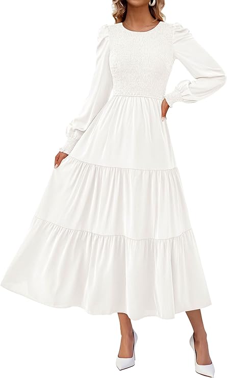 KIRUNDO Spring Dresses for Women 2026 Long Sleeve Maxi Wedding Guest Smocked Crew Neck Empire Waist A Line Flowy Long Dress