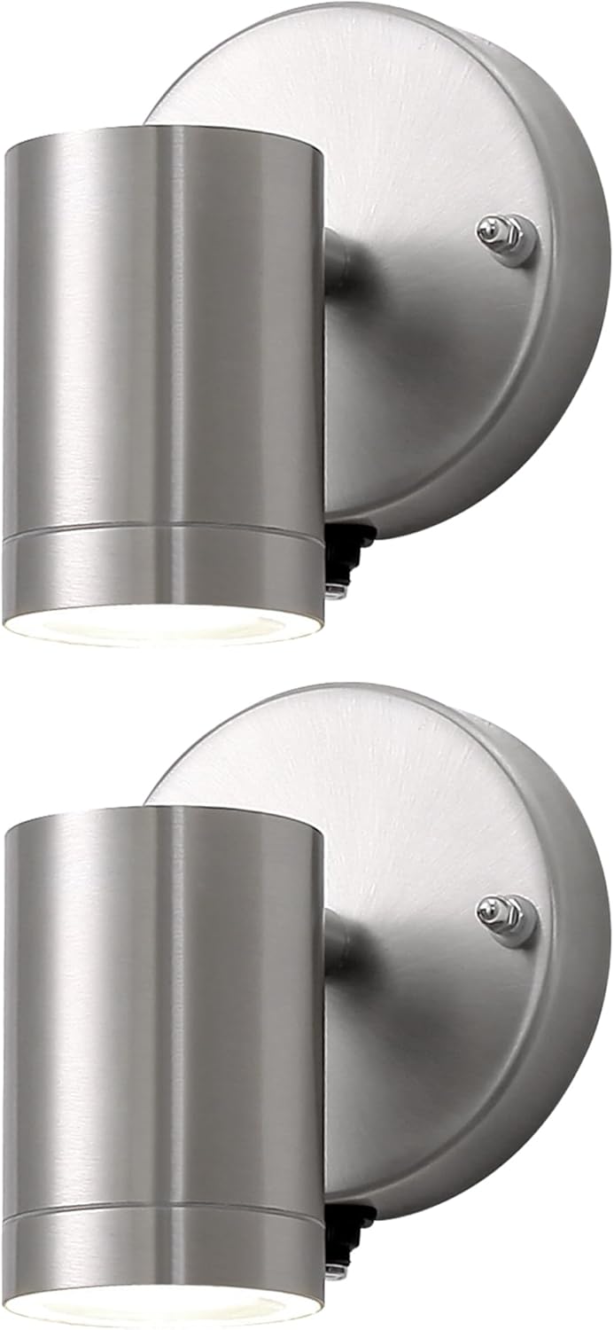 Outdoor Patio Lights 2 Packs, Brushed Nickel Porch Light with Dusk to Dawn Photocell Sensor, Aluminum Cylinder and Waterproof Glass Cover Integrated LED Wall Light for Porch, Entryway
