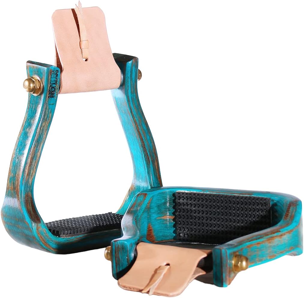 Nettles Distressed Turquoise Colored Barrel Racer Stirrups - 2" Tread, No Leveler