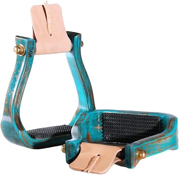 Nettles Distressed Turquoise Colored Barrel Racer Stirrups - 2" Tread, No Leveler