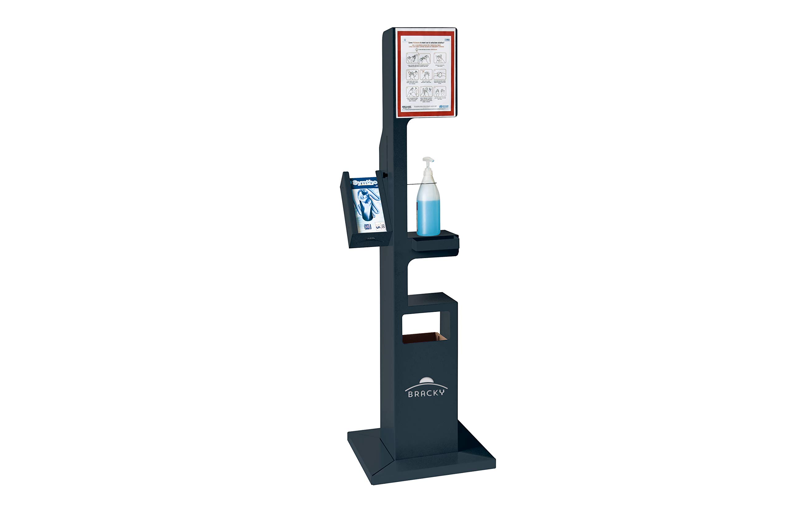 Colonna per dispenser gel igienizzante mani Bracky TOP colore grigio antracite RAL 7016 con vano frontale e recipiente interno porta guanti e mascherine usate, totem porta gel igienizzante.